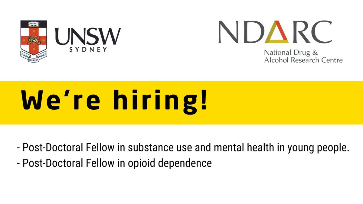 NDARC, UNSW (@ndarcnews) on Twitter photo NDARC is recruiting!
Post-Doctoral Research Fellow - Substance use and mental health in young people.
Details → external-careers.jobs.unsw.edu.au/cw/en/job/5088…
Post-Doctoral Fellow – Opioid dependence Details → external-careers.jobs.unsw.edu.au/cw/en/job/5088…
Applications for both positions close 31 May. NDARC is recruiting!
Post-Doctoral Research Fellow - Substance use and mental health in young people.
Details → external-careers.jobs.unsw.edu.au/cw/en/job/5088…
Post-Doctoral Fellow – Opioid dependence Details → external-careers.jobs.unsw.edu.au/cw/en/job/5088…
Applications for both positions close 31 May.