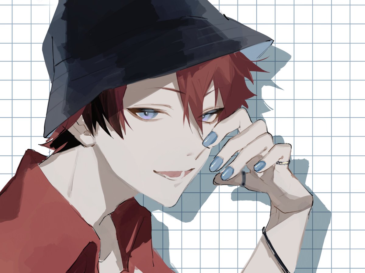 1boy male focus solo red hair hat jewelry shirt  illustration images