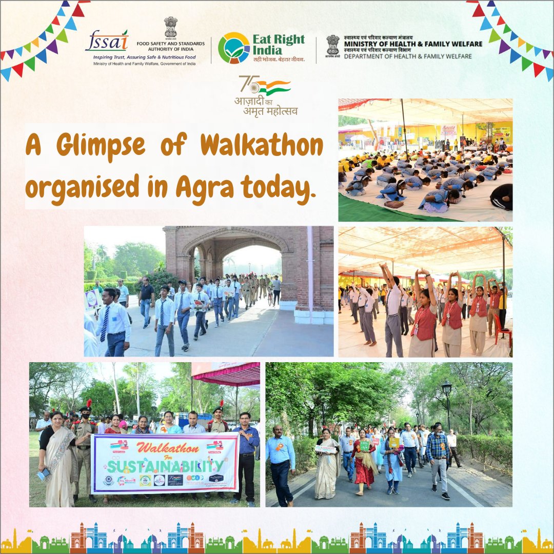 fssaiindia's tweet photo. To spread the message of Eat Right, Eat Healthy &amp; Eat Sustainable,a #Walkathon from Harit Prangan,Circuit House,Agra was organised. It was followed by Yoga session &amp; #EatRightMela,which saw a huge turnout of people from all walks of life.@MoHFW_INDIA @AmritMahotsav @EatRightAgra https://t.co/2Q5zq8Re3p