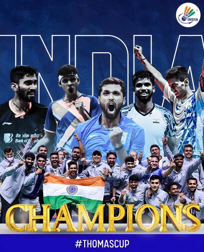 Team India clinch their maiden Thomas Cup! 🇮🇳🇮🇳 What a wonderful display of grit and determination. 
Congratulations to the whole team 🎉
#TUC2022