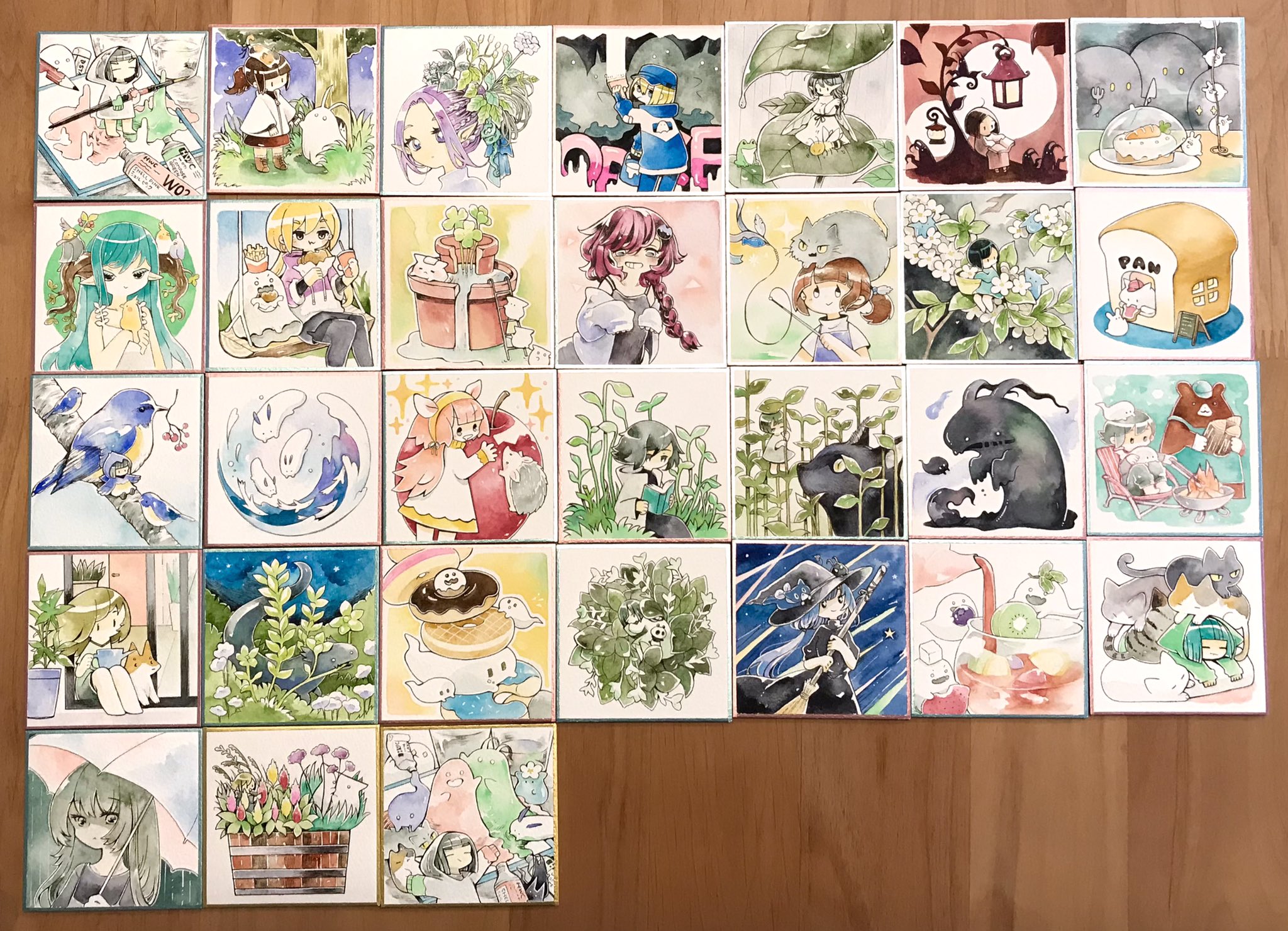 アルミ マラソンまとめ 使う紙に限定色紙を選んだことで 描き直しが気軽に出来ないのが1番辛い所でした いつも何枚も描き直す方なので あと色選びにかなり苦手意識があったんですが 後半からだいぶ悩まず塗れるようになった気がします 絵柄色々試せて