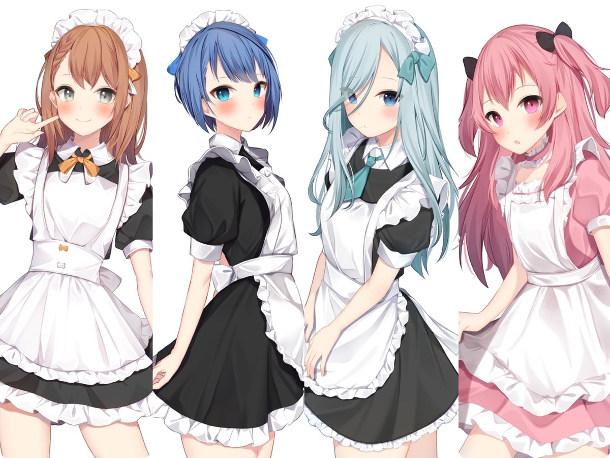 multiple girls maid headdress green bow maid twintails apron bow  illustration images
