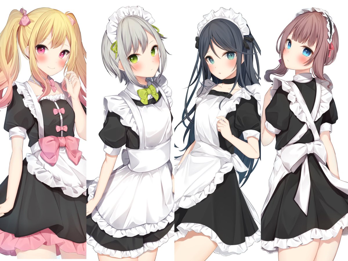 multiple girls maid headdress green bow maid twintails apron bow  illustration images