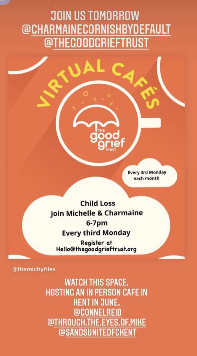 Tomorrow evening we open our Child Loss virtual Cafe hosted by Michelle, our volunteer.

Run by the bereaved for the bereaved &amp; these online meet ups are a safe space to meet others who have experienced a similar loss.

Pls register to join us; Hello@thegoodgrieftrust.org.

☕️🍰