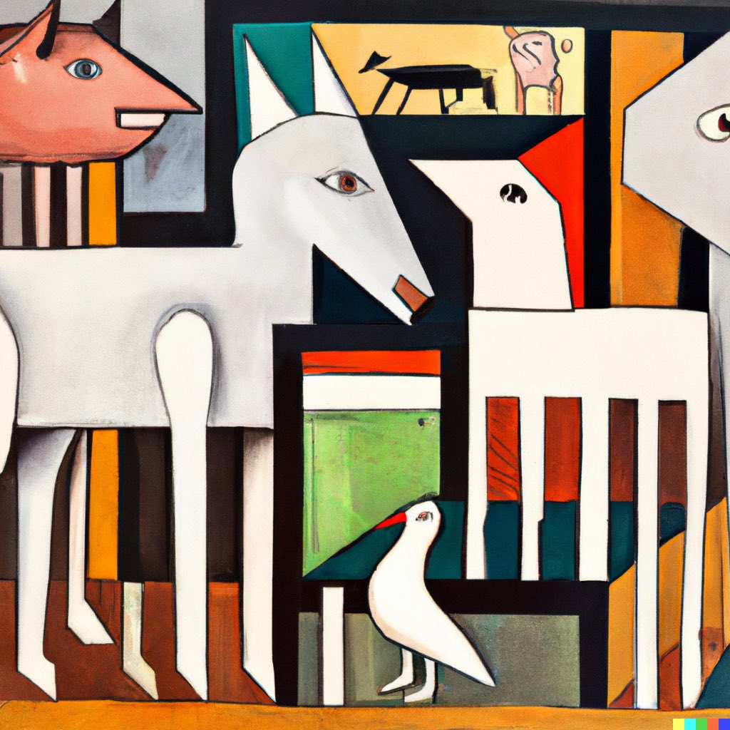 “Picasso cubism painting of George Orwell’s Animal Farm, where all animals are equal, but some animals are more equal than others.” #Dalle