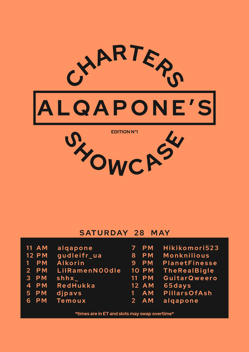 AlqaponeTwitch's tweet image. MARK YOUR AGENDAS PEEPZ 🥳On Saturday 28 May I'll be hosting a raid event with a focus on charters and sets of their own charts. ULTRA STOKED to have all these amazing charters/people on the first edition. 🔥