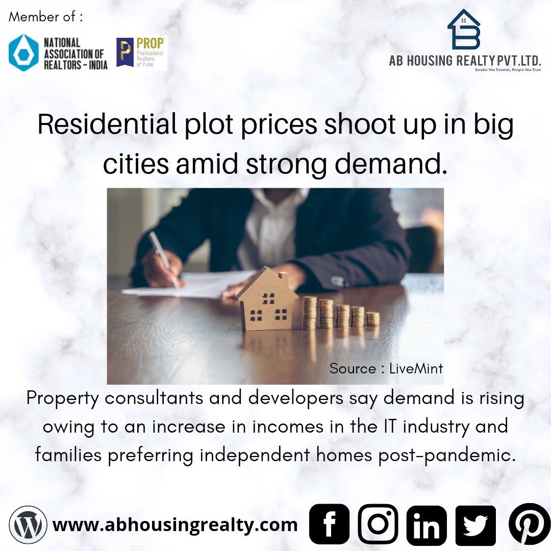 Residential plot prices shoot up in big cities amid strong demand.

#abhousingrealtypvtltd 
#realestate #propertyinvestment #Residential #commercial #housing #residentialland #growth #pune #PCMC