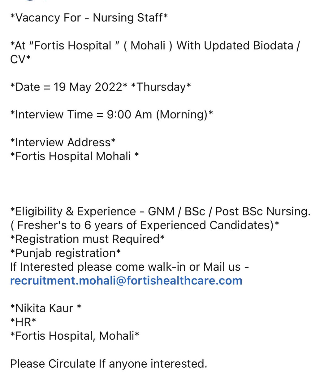 #Hiring <a href="/FortisMohali/">Fortis Mohali</a>