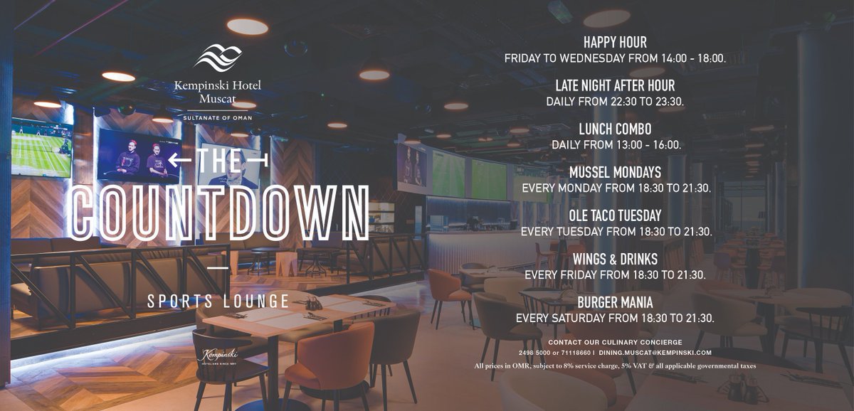 Sponsored: 

Head down to Countdown Sports Lounge, the home of all live-action sports and cheer on your favourite sports team while you enjoy our endless promotions. 

For more details call 24985000. 

@kempinskimuscat