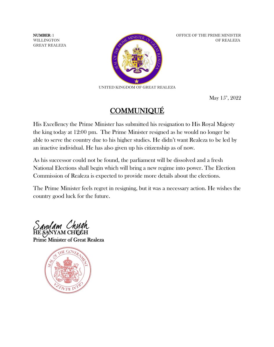 PMORealeza's tweet photo. #Announcement The Prime Minister has officially submitted his resignation to the king today. With the resignation of the Prime Minister, the cabinet is also dissolved. A new government shall be elected and set up in June.

#Micronations #Realeza #Resignation https://t.co/CSK7Fhx1Vm