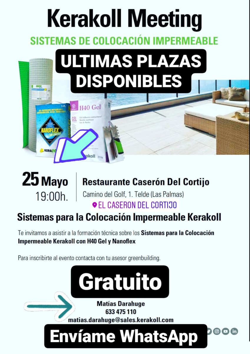 Súmate a nuestro #meeting #Kerakoll el próximo 25 de mayo a las 19hs en Restaurante CASERON DEL CORTIJO 
Envía WhatsApp al 633475110 <a href="/ea_ulpgc/">Arquitectura ULPGC</a> <a href="/COAGranCanaria/">COA Gran Canaria</a>