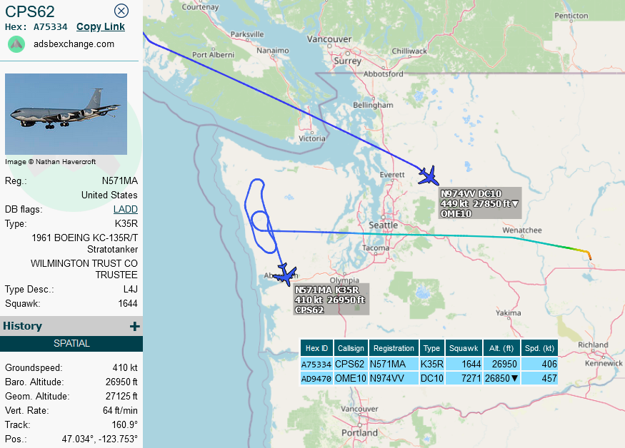 SirListenalot's tweet photo. May14 2015z #DC10 #AD9470 as #OME10 (Omega10) from Anchorage to Moses Lake likely brought eight fighters (#NICKL11-14, #NICKL21-24) to the border. #KC135 #A75334 as #CPS62 from Moses Lake to March took over. Still think there was a OME11 as well... https://t.co/JRdzvAKMpX