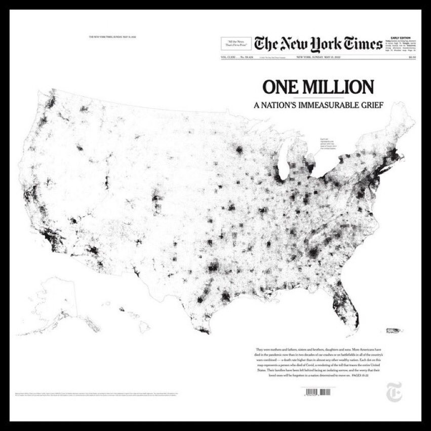 ismaelnafria's tweet photo. Esta es la memorable portada del @nytimes de este domingo, 15 de mayo, que refleja el millón de muertes en EE.UU. por coronavirus. Cada punto es un fallecido.

Aquí, el interactivo con increíbles visualizaciones: https://t.co/P2J0ROyAXy https://t.co/pJO5UJL2qu