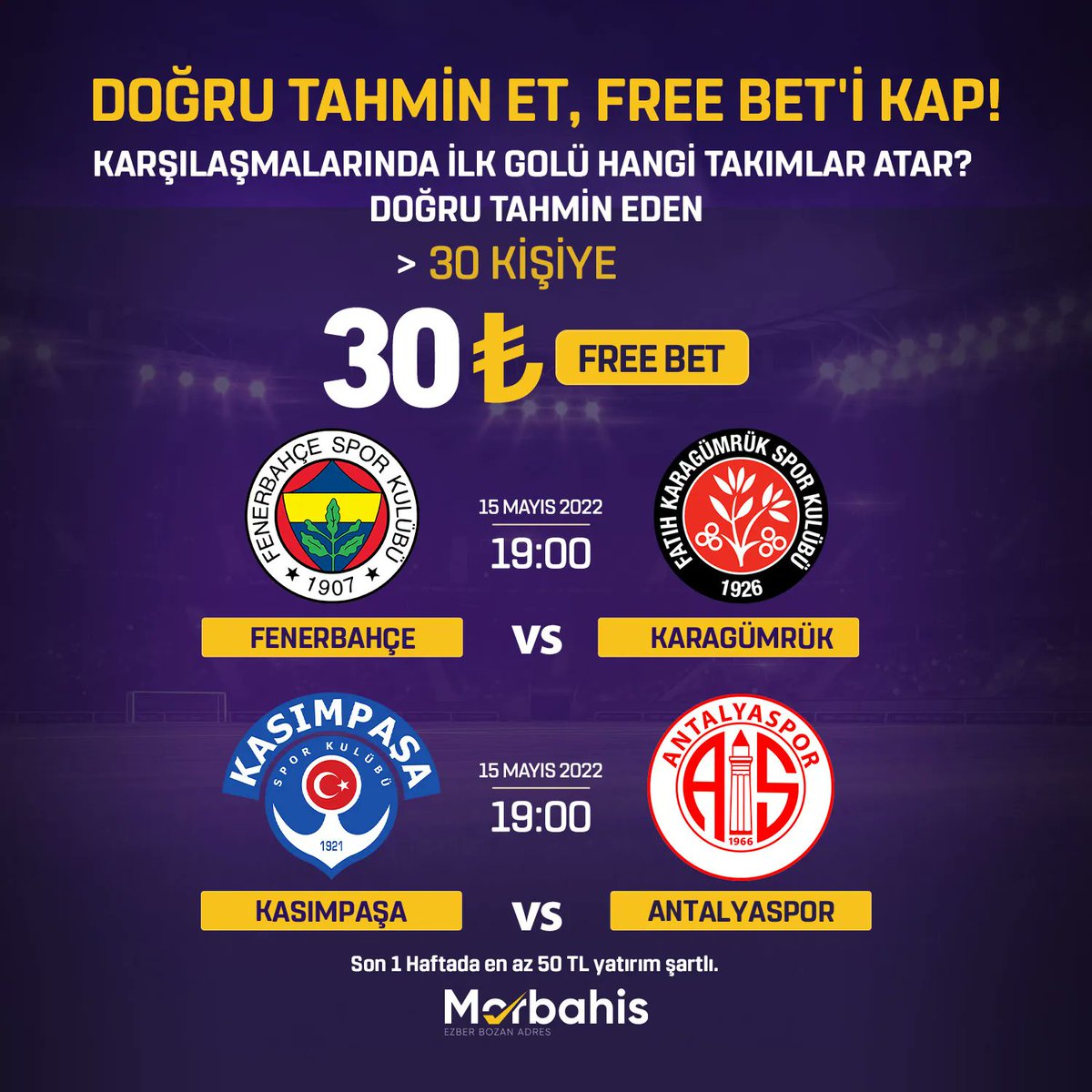 ⚽️ 19:00 | Fenerbahçe - Karagümrük
⚽️ 19:00 | Kasımpaşa - Antalyaspor
karşılaşmalarında ilk golü hangi takımlar atar? 

👾 Doğru tahmin eden 30 kişiye ₺30 değerinde Free Bet

🛍 RT
💜 Son 3 Gönderiyi Beğen
🆔 Telegramdaki Formu Doldur: buff.ly/3OIsn3n