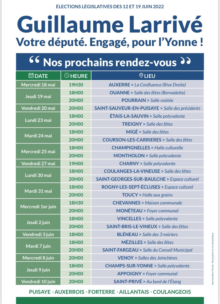 GLarrive's tweet photo. 🔵 NOS 26 RÉUNIONS PUBLIQUES 🟢 Je vous donne rendez-vous dès mercredi 18 mai à Auxerre. Et cette 1ère réunion publique sera suivie de 25 autres, aux quatre coins de la Puisaye, de l’Auxerrois, de la Forterre, de l’Aillantais et du Coulangeois ! #DirectTerrain https://t.co/bHFN1iQyOn