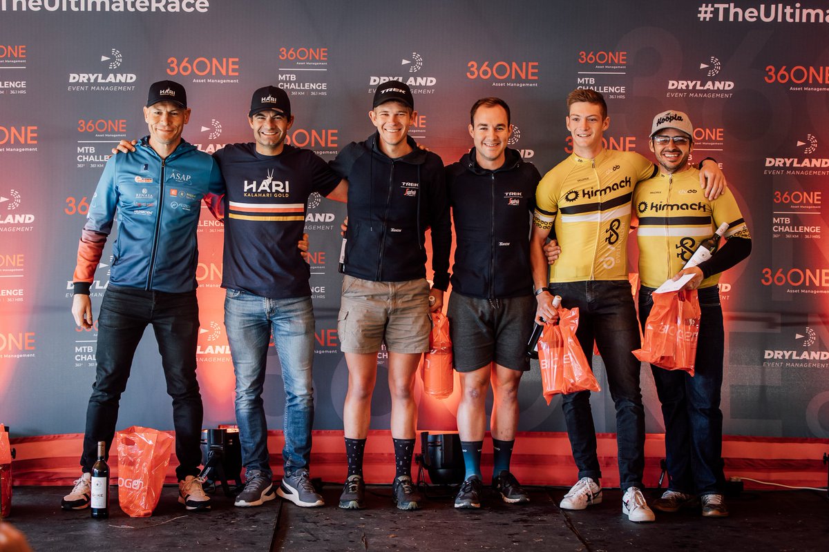36ONE Men’s Teams
1. EnduroPlanet Racing: Charl Coetsee &amp; Ockert Struwig (15:48:23)
2. Wellington Wines: Robin Harris &amp; Garth Ennion (16:12:46)
3. Kirmack 2: Hanro Geldenhuys &amp; Neville Menezes (19:30:58)