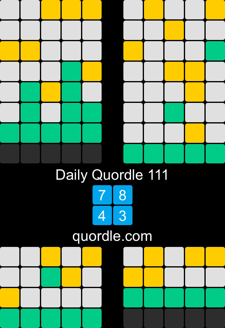 Daily Quordle 111
7️⃣8️⃣
4️⃣3️⃣
quordle.com