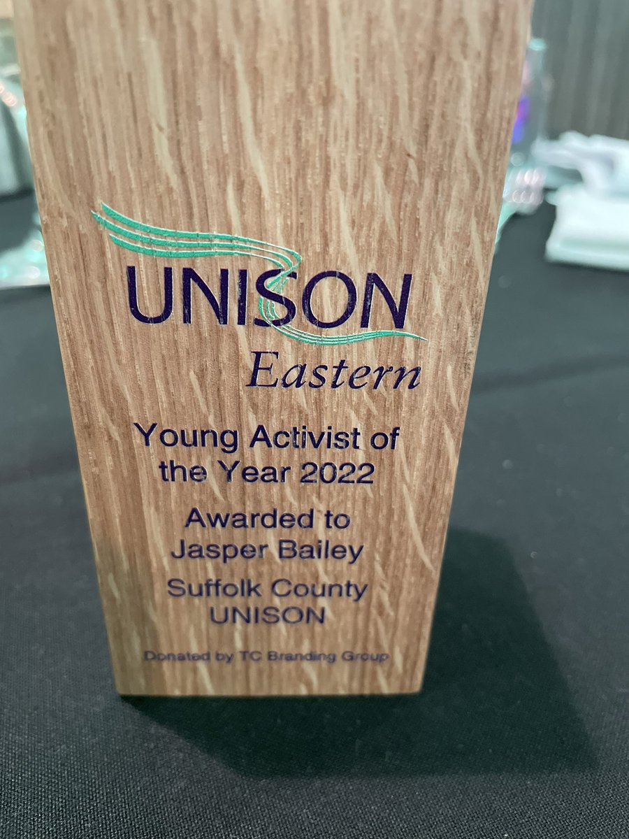 SuffolkUNISON's tweet photo. What an amazing night at the @UNISONEastern #OneUNISON award night. @SuffolkUNISON won Campaigning Branch of the year 2022. Jasper Bailey from the branch won Young Activist of the year 2022. Well done to all winners on the night very proud to be a UNISON activist. https://t.co/URIdlqcxQQ