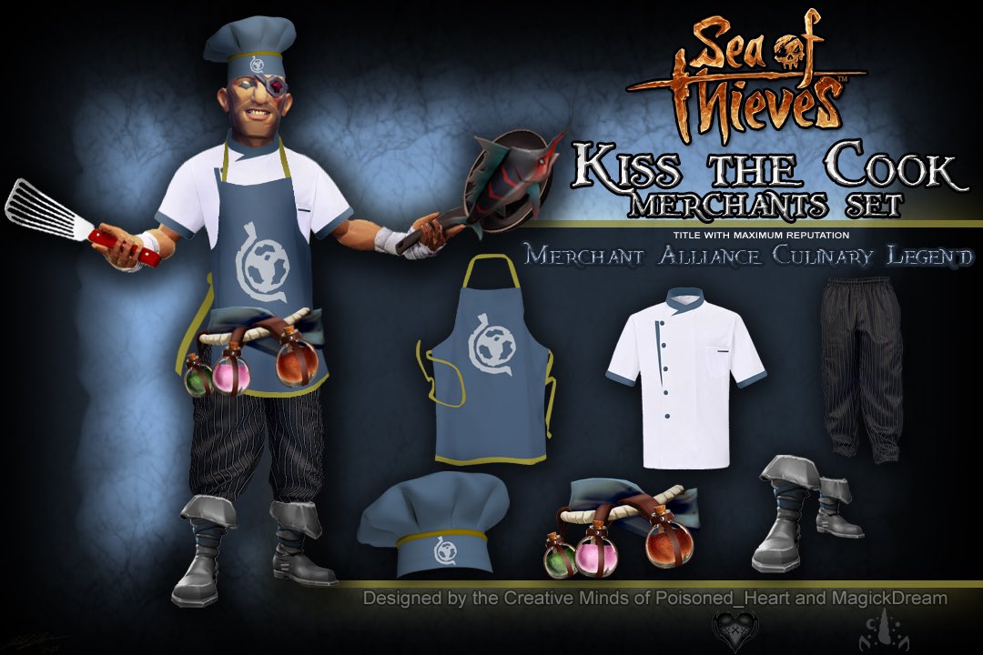poisonedheart77's tweet photo. @SeaOfThieves Here’s @TheAntix51 modeling off the 1st full set @Magick_Dream & I cooked up #MerchantAllianceCulinaryLegend #CulinaryLegendOfTheSeaOfThieves #ChefHat #ChefApron #ChefTop #ChefPants #ChefBelt #ChefBoots #BeMorePirate #KissTheCook #Retweet https://t.co/9OOO1uv3XM