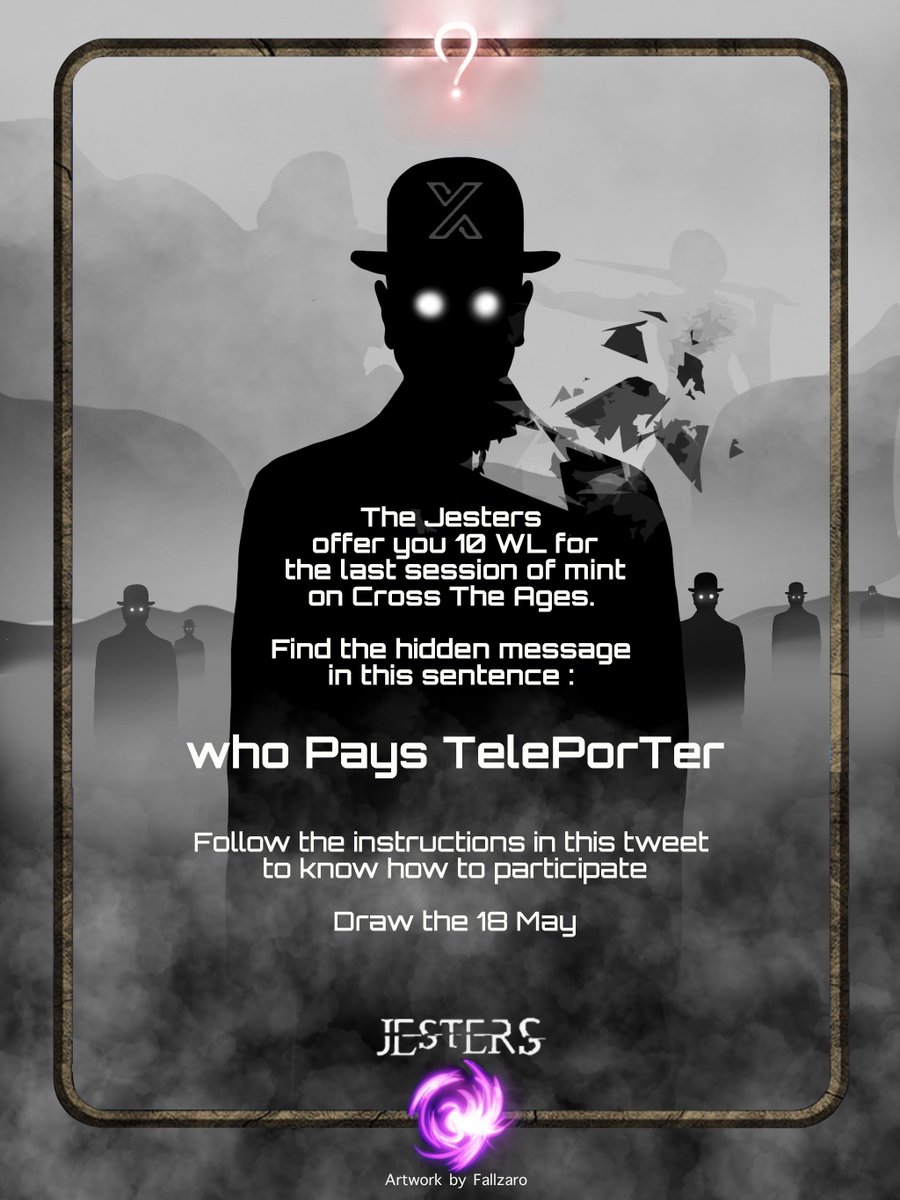 XBorgHQ's tweet photo. The jesters came back with another quest 🤯

For a chance to win a CTA whitelist: 
🔹RT/Like this tweet
🔹Follow @xborg_official @CrossTheAges @AI_xborg 
👉Go to the XBorg discord
     https://t.co/ASz9t3t2Wu
✍️Channel #?!-the-qc, complete the form

#cta #giveaway #whitelist https://t.co/2ZojpSMqrW