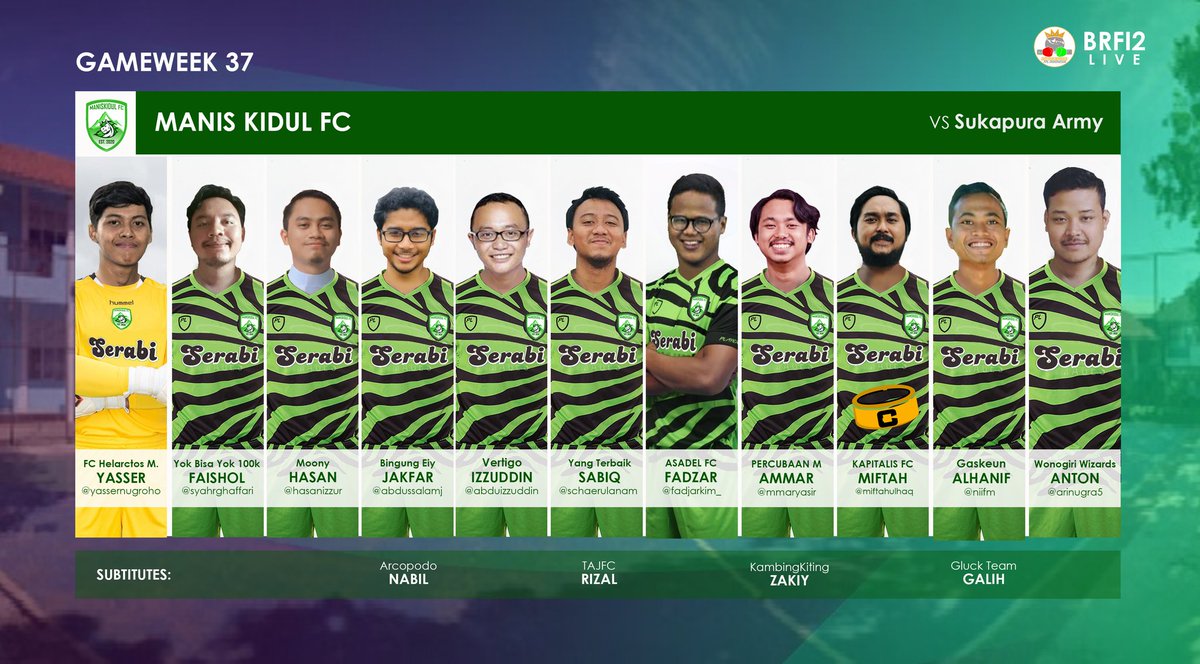 FManiskidul's tweet photo. 📋 𝗧𝗘𝗔𝗠 𝗡𝗘𝗪𝗦

This week’s line-up to face @Sukapura_Army 👊 @LigaBRFI https://t.co/uEU7f1W3l9