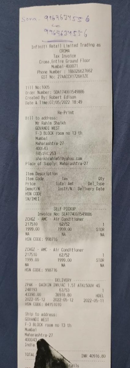 Shaikhr68668955's tweet photo. #croma  i had ordered a daikin AC on Saturday 7th May, 2022. It was supposed to be delivered on 14th May 2022. Till now it has not been delivered. The delivery partner is blue dart. When checked with them they say one unit has arrived and the other unit of the AC is still in https://t.co/mIk7Vc2AEW