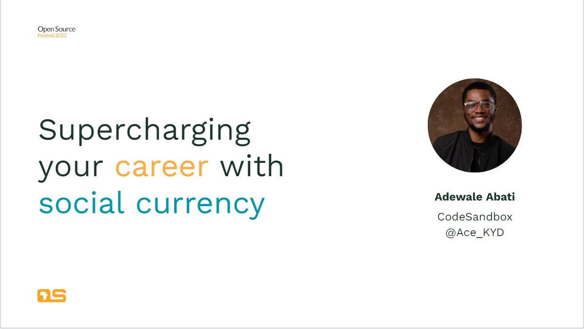 Ace_KYD's tweet image. At 2PM WAT today, I&apos;ll be publishing my talk at @oscafrica&apos;s #OSCAFEST2022 that covers how to boost your career growth by making the most of social currency - either publicly or privately.

Set a reminder and catch it on YouTube ✨🚀🔥

youtube.com/watch?v=BC_P6o…