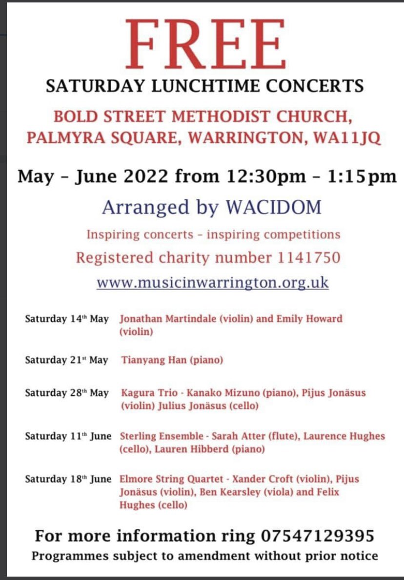SHMSConcerts's tweet photo. As we’re having a break from concerts until Autumn - you might be interested in WACIDOM’s concert series taking place on Saturdays in May and June.  See below for details! Why not go along .. it’s free! https://t.co/7GjBHiailp