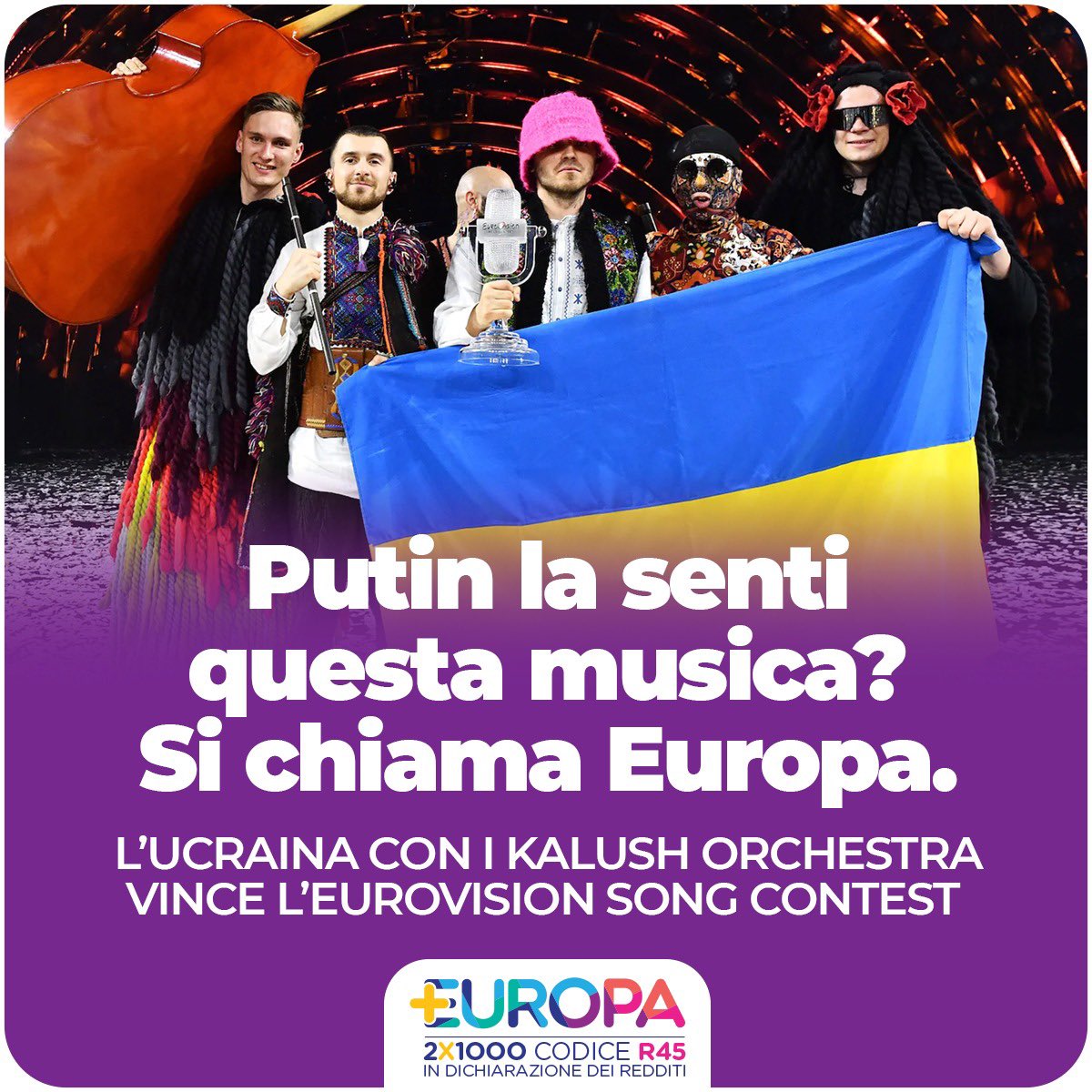 🇪🇺🇺🇦 🎸 All’orrore della guerra di Putin, i cittadini europei rispondono anche così: con i colori della musica dei Kalush Orchestra, la band ucraina che ieri ha vinto l’#Eurovision , sperando che la prossima edizione possa tenersi in una Ucraina libera e liberata. 
#ESC2022