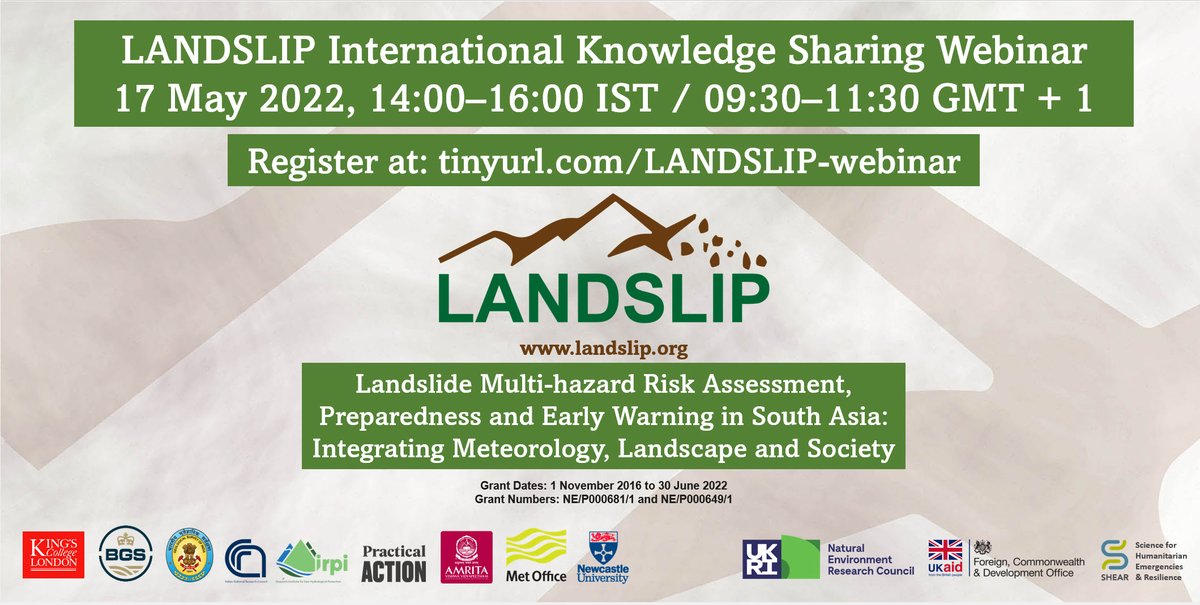 Please join <a href="/LANDSLIP_NERC/">LANDSLIP</a> research grant team (from India, UK, Italy) in our free two hour International Knowledge Sharing Webinar on Tue 17 May 2022.
Register: tinyurl.com/LANDSLIP-webin… (previous link had error). 145 registered so far.
#landslide #earlywarning #forecasting