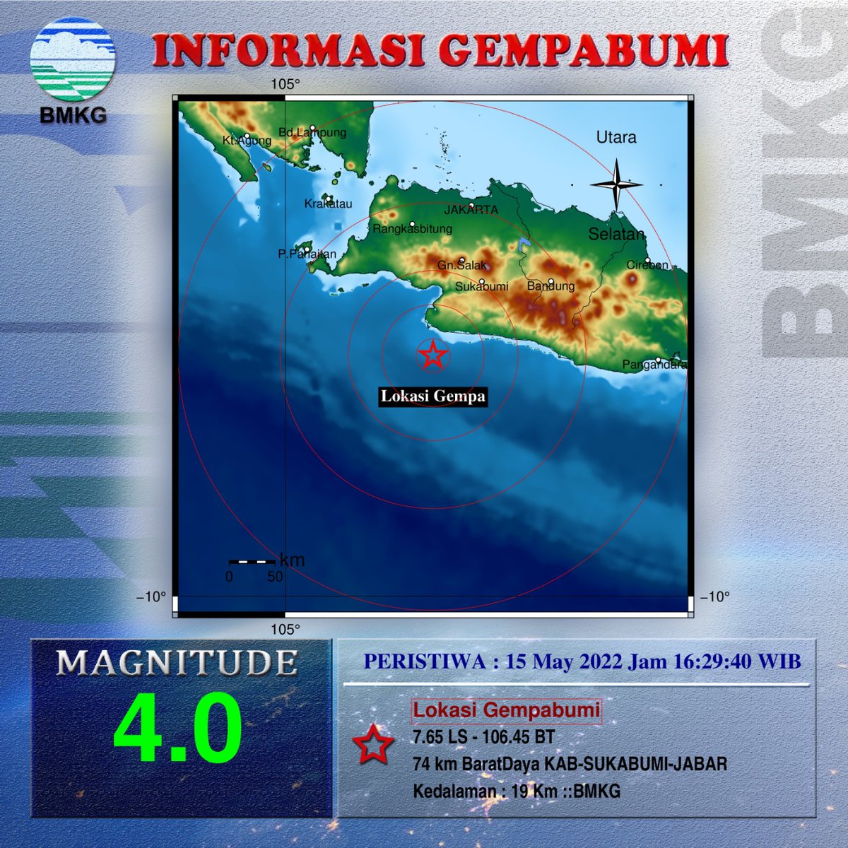bmkgwilayah2's tweet photo. Info Gempa Mag:4.0, 15-May-22 16:29:40 WIB, Lok:7.65 LS - 106.45 BT (74 km BaratDaya KAB-SUKABUMI-JABAR), Kedlmn: 19 Km ::BMKG https://t.co/KcuxWAnFIU