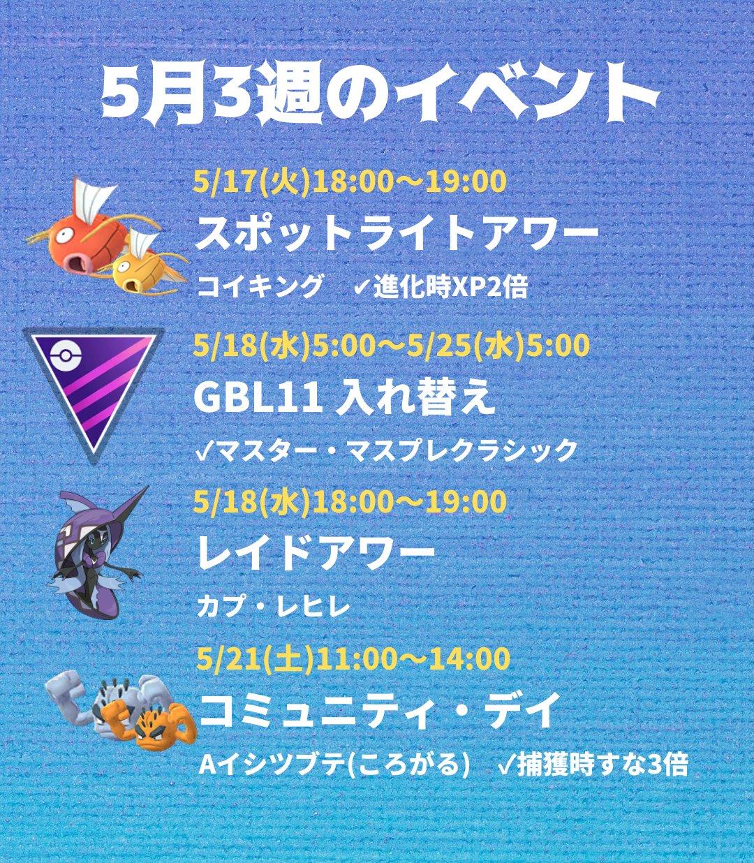 تويتر ポケモンgo攻略 みんポケ على تويتر 今週のイベント 今週は 土曜日の11 00 14 00にアローライシツブテのコミュニティデイがあります アローラゴローニャに進化でころがる習得 捕獲時のほしのすな3倍 特別な交換が1日最大2回に などのボーナスが