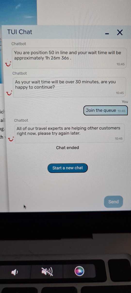 eagletondl's tweet photo. @TUIUK 

Today's shenanigans:

Almost a 90 minute queue to speak to an advisor, opted to join the queue despite the long wait times and then kicked out of the chat regardless. Absolutely shocking customer service. https://t.co/h4R4yxAGxF