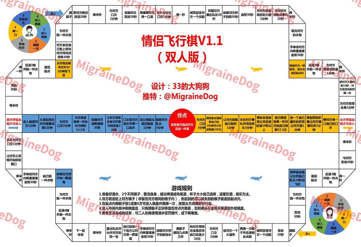 #飞行棋 把双人版情侣飞行棋小小更新一下，毕竟对象只接受我俩玩，没机会玩多人的😭，打印一份过几天玩试试。