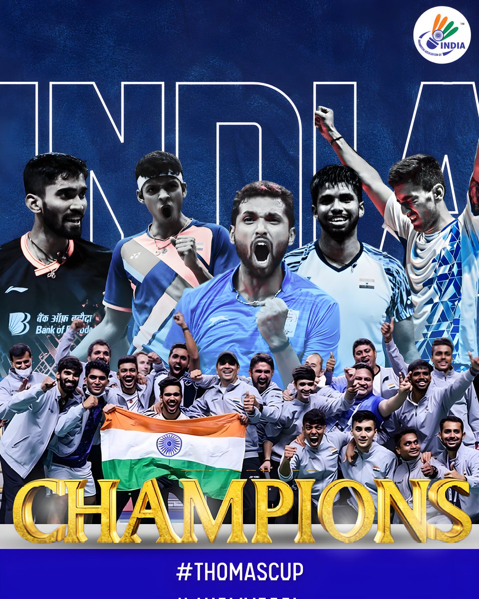 PRATEEKMIS's tweet photo. HISTORY SCRIPTED ❤️

Pure show of grit and determination &amp; India becomes the #ThomasCup champion for the 1️⃣st time in style, beating 14 times champions Indonesia 🇮🇩 3-0 in the finals 😎

It's coming home! 🫶🏻

#TUC2022
#ThomasCup2022
#ThomasUberCups
#IndiaontheRise
#Badminton https://t.co/xWkQYjb8wk