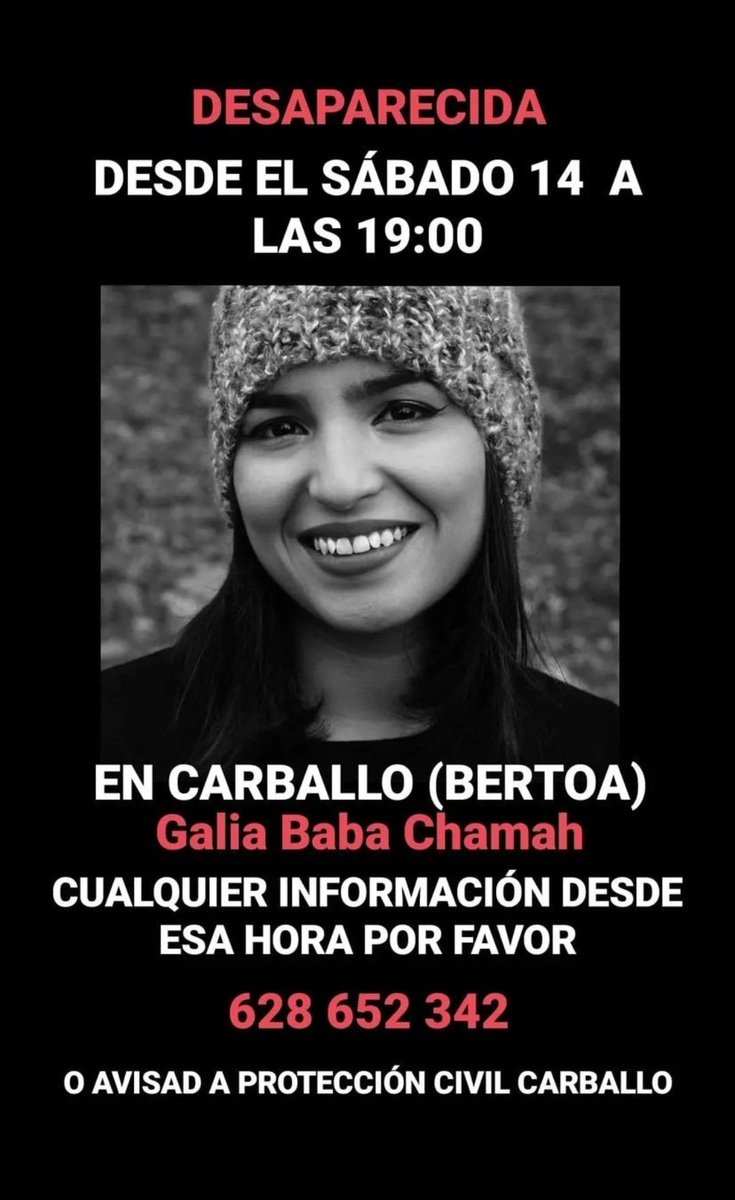 eleena_rg's tweet photo. ❗❗❗❗ DESAPARECIDA
23 anos, chámase Galia. Mide 1,50m, 43kg, delgada, pelo rizo corto moreno, levaba postas unhas botas negras.
Tef:615393995 https://t.co/hDZpBZjlKC