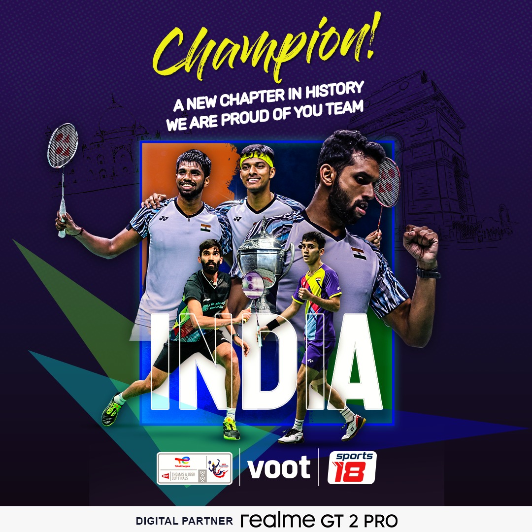 VootSelect's tweet photo. A Historic Achievement for Team India!! The Indian Men's badminton team have secured the gold, defeating defending champions Indonesia with a scoreline of 3-0 in the Thomas Cup 2022!!

Congratulations Team India! 👏

Digital Partner @realmeindia

#VootForIndia #BadmintonOnVoot https://t.co/6Ko9JI0BeP