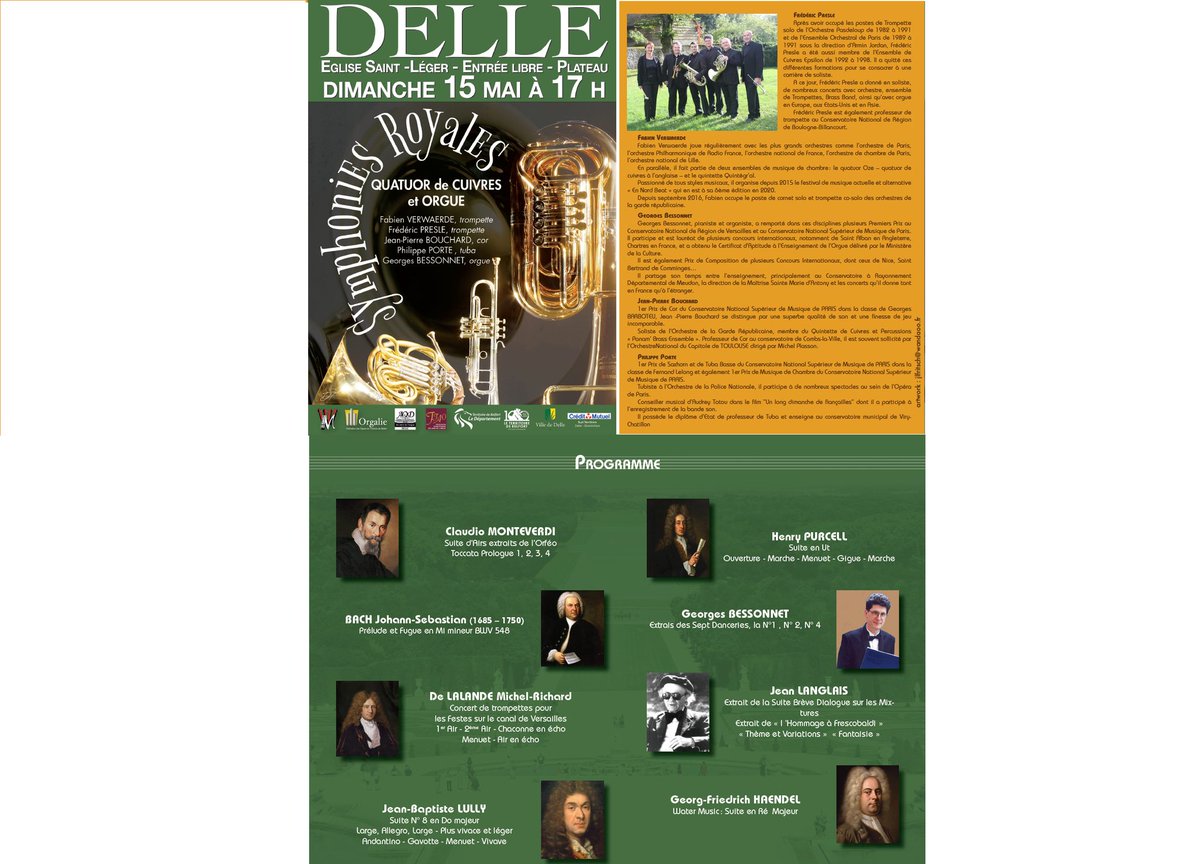 🎼🎹🎷🎶  Aujourd'hui, dimanche 15 Mai à 17h, 
en l’église St Léger de Delle, 
concert d'exception donné par l’ensemble « Les Trompettes Royales de Versailles et Orgue ».
#concert #musique #ClassicalMusic 
#culture #FrancheComté