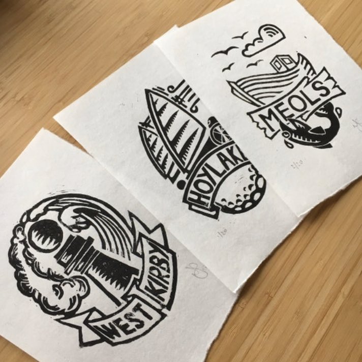 SouthRoadPrint's tweet photo. One of these #linocut 3-packs of #hoylake, #meols and #westkirby heading out the door today! https://t.co/qbri8gYBga