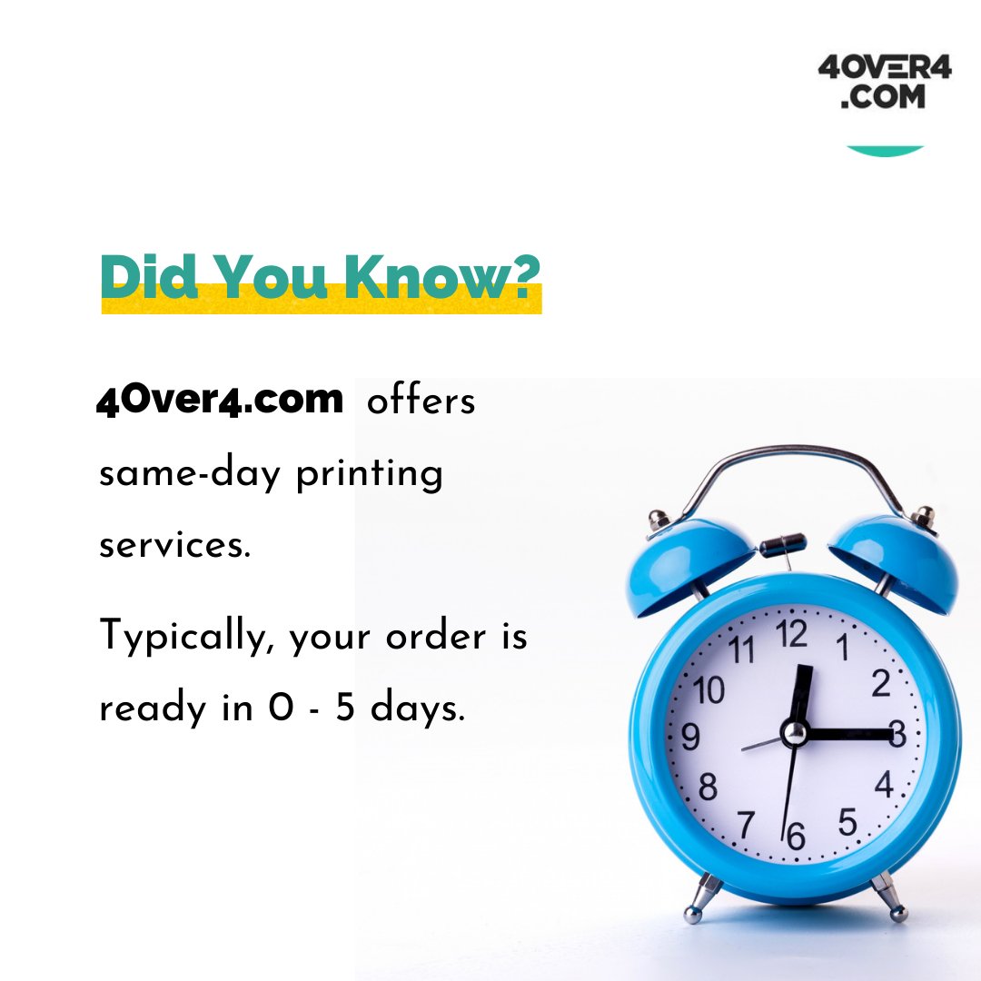 4over4's tweet image. FAQ: What is your turnaround time?

We offer same-day printing services. Usually, our turnaround time depends on your product's size, quantity, and customizations. Typically, your order is ready in 0 - 5 days. 

#printingfaq #4over4 #printingservice #customprintings