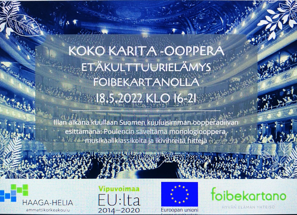 ullabroms's tweet photo. Mikä elämys! #Foibekartano’lla on kunnia olla osa upeaa @MattilaKarita #KokoKarita ensi-iltaa virtuaalisena, kokonaisvaltaisena @oopperabaletti #HomeOpera’etäelämyksenä @foibekartano #stage24 @HAAGAHELIAamk @aarnilmari #EUvipuvoimaa #vanhuspalvelut #ElämyksellinenKyläyhteisö https://t.co/yy3FgDKztQ