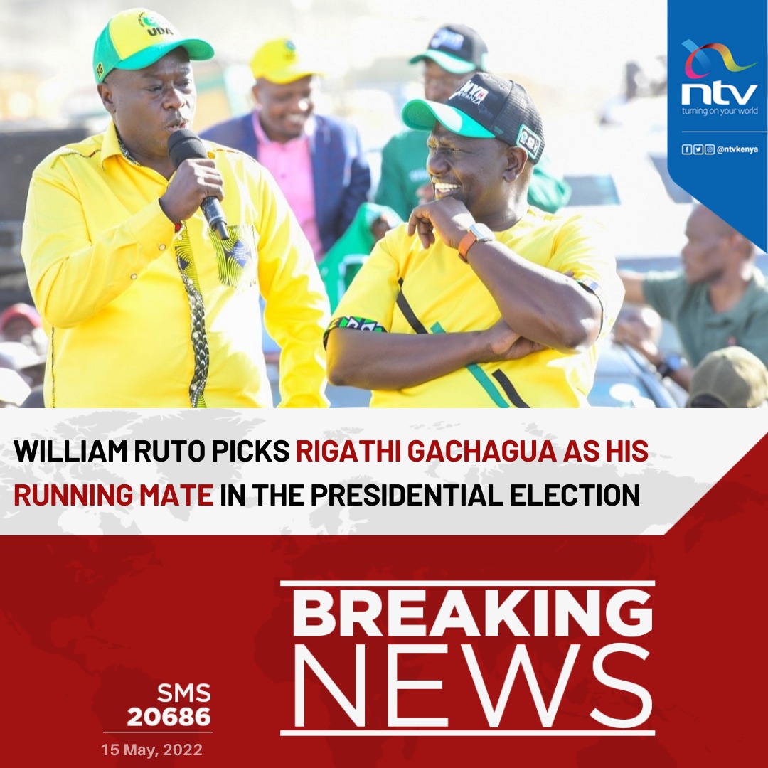 ntvkenya's tweet photo. BREAKING: Deputy President, William Ruto announces Rigathi Gachagua as his running mate in the presidential election. https://t.co/vLf99cHBGa