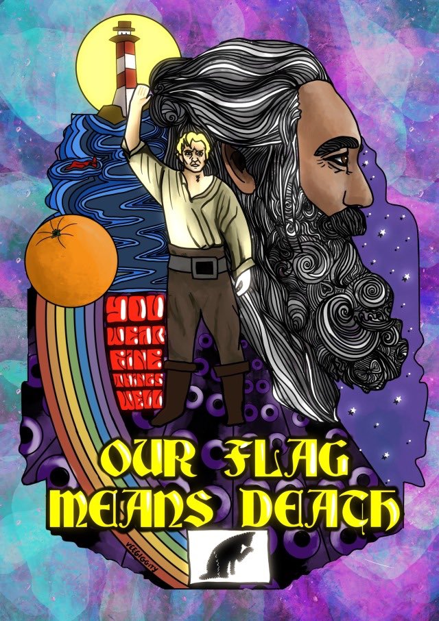 VeeGiggity's tweet photo. I’ve been sick as a butt this weekend (not the cove) Anyway, because I could barely get out of bed, I drew this and it’s weird and bright and kinda ominous and I’m not sure if I like it or hate it 😅 #ofmd #OurFlagMeansDeath  #RenewOurFlagMeansDeath #OFMDfanart #blackbonnet https://t.co/K4gj8MRXwy
