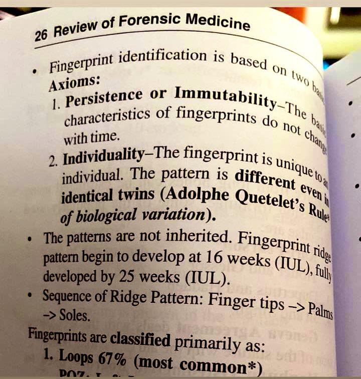 MedForensic's tweet photo. #INICET 2022
RIDGE PATTERN OF FINGERPRINTS APPEAR BETWEEN?

A. 26 TO 28 WEEKS OF INTRAUTERINE LIFE
B. 12 TO 16 WEEKS OF INTRAUTERINE LIFE
C. 24 TO 28 WEEKS OF INTRAUTERINE LIFE
D.  32 TO 36 WEEKS OF INTRAUTERINE LIFE

What’s your response? https://t.co/KxngbHdb7t