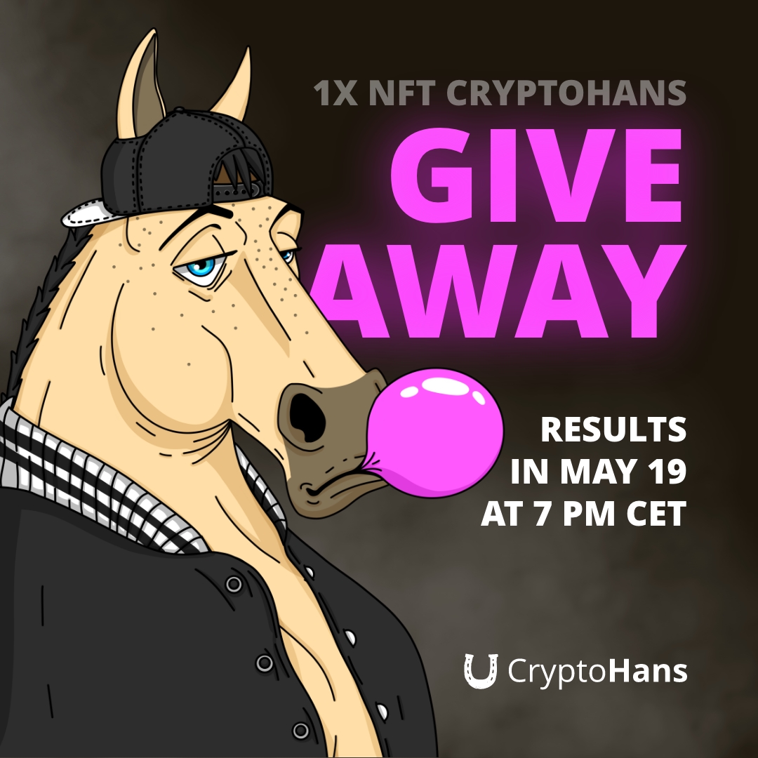 #NFTGiveaway!

🐴Win 1 #CryptoHans #NFT

1⃣Follow+RT

2⃣Choose any Hans, create a post on Instagram or Twitter + mark of our official profile and write down why you chose this project?

3⃣Post a link to your post in the channel Discord 🎉win-hans

🏆Result: 19 May at 7 pm CET