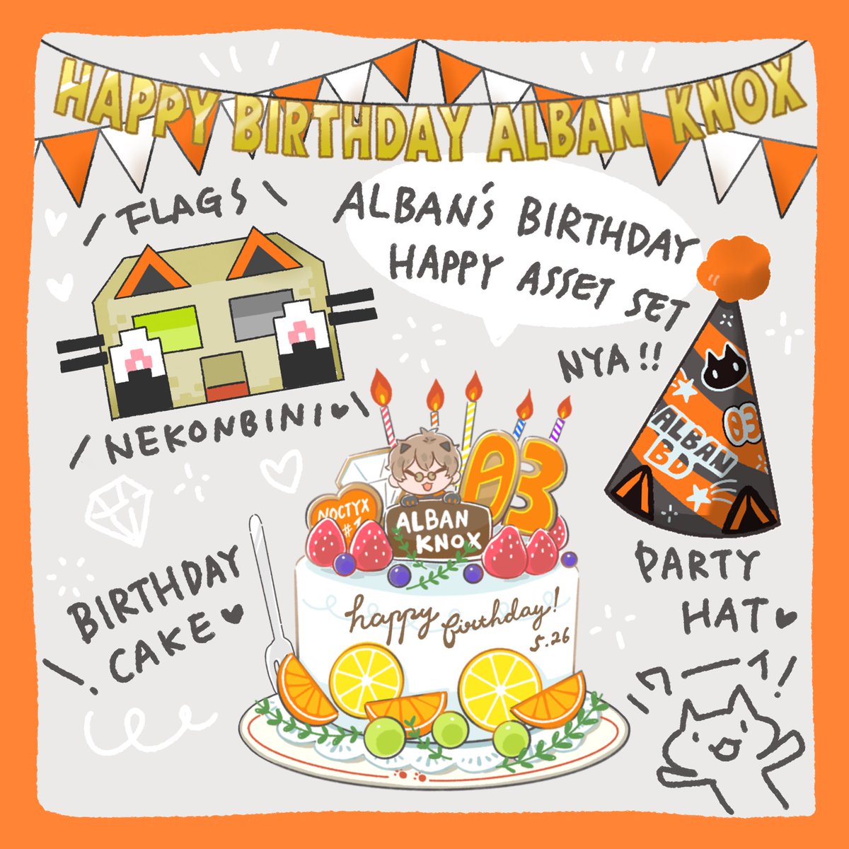 Albanの誕生日向けの素材いくつを作りました!✨
楽しい誕生日会になりますように!🧡
I made some assets for Alban's birthday room!
#AlbanKnox #AlbanKnoxArt #AlbanGraphics
做了一些asset給貓貓生日會用,派對帽不管是給guest或是タカラダチ使用應該都很可愛!