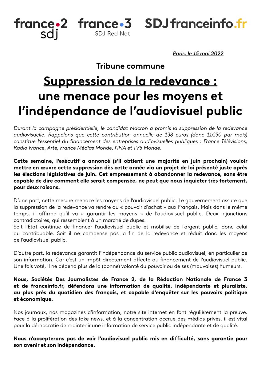 La suppression de la redevance (sans garantie sur sa compensation) est une menace pour les moyens et l'indépendance de l'audiovisuel public. Les SDJ de France 2, France 3 et franceinfo.fr dénoncent dans ce communiqué commun la décision du gouvernement