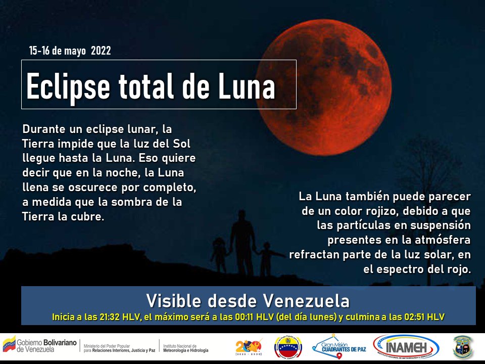 #15May #INAMEHInforma Eclipse total de Luna entre ésta noche y la madrugada del lunes; visible desde Venezuela #FelizDomingo