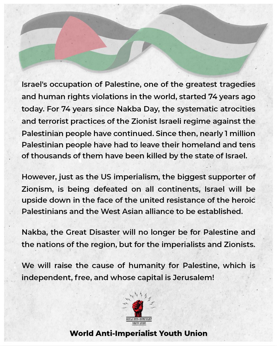 We remember the Palestinians who died and were exiled from their homelands due to the Zionist occupation that began 74 years ago.

In the face of the courageous Palestinians' united struggle and forming a West Asia alliance, the Zionist regime will be upside down! 🇵🇸 
#Nakba