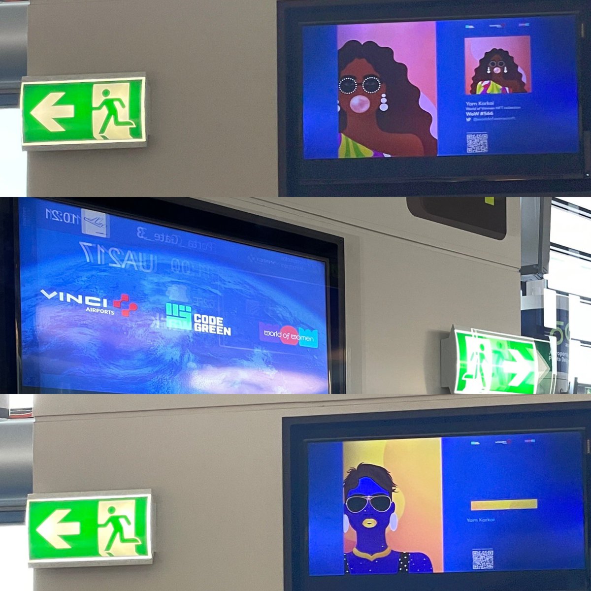 NFTs are taking over the world’s airports! First we saw the BAYC coffee robot at SFO and now just spotted <a href="/worldofwomennft/">world of women</a> &amp; <a href="/CodeGreen_nft/">C.Green</a>  digital exhibit at PDL in the Azores! Love to see it 🤩